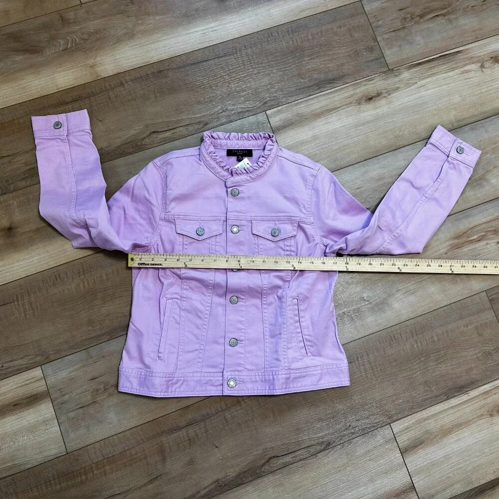 NWT - Talbots Lilac Ruffle Neck Denim Jacket MP Stretch Cotton Blend Petite - Picture 7 of 10